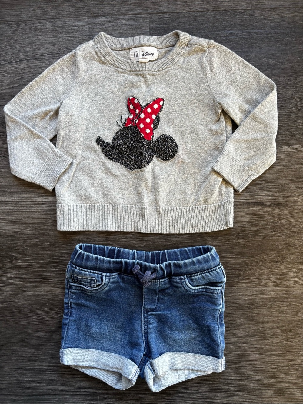 Disney Gray Minnie Mouse Sweatshirt with Red Polka Dot Bow and Jean Shorts